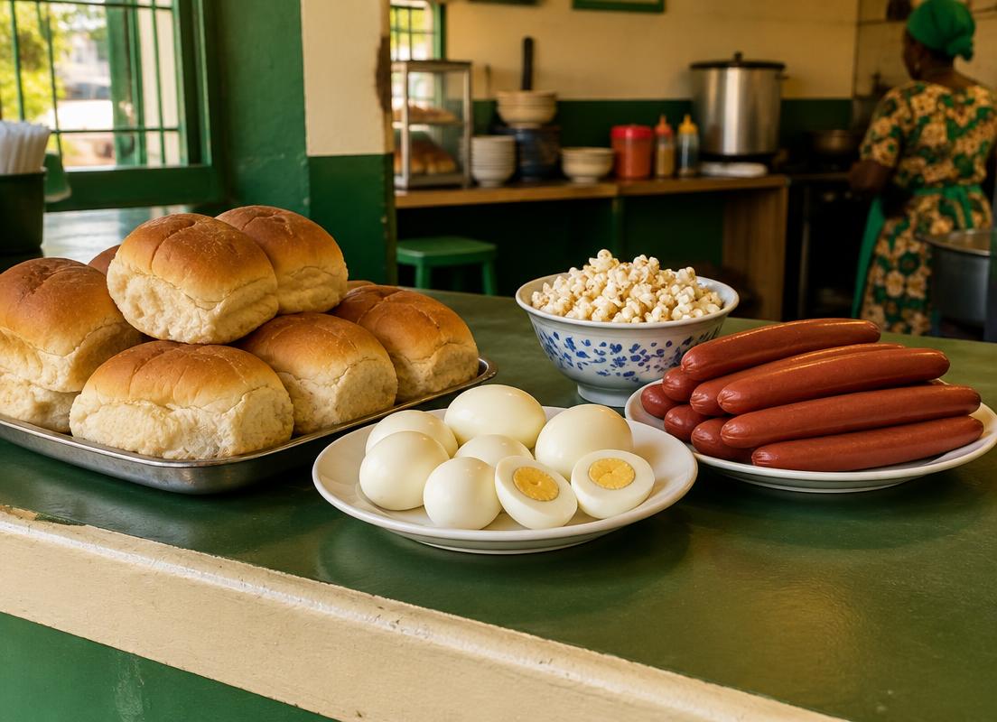 Bread, eggs, hot dogs and popcorn
