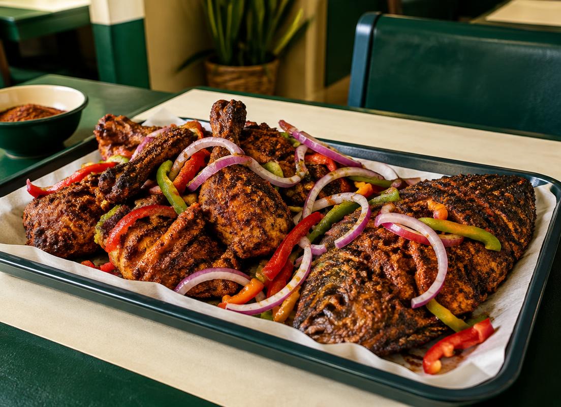 Grilled chicken and fish with peppers