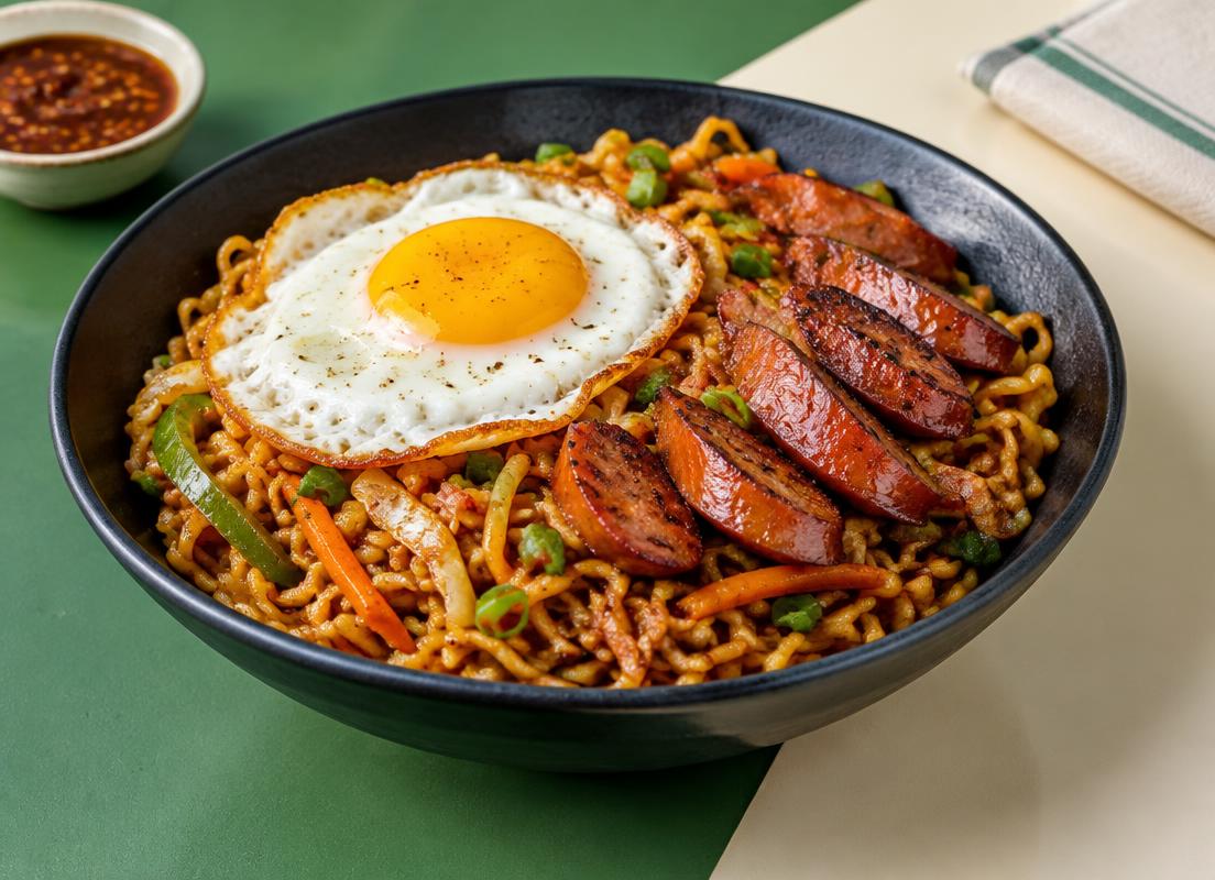 Seasoned noodles with egg and sausage